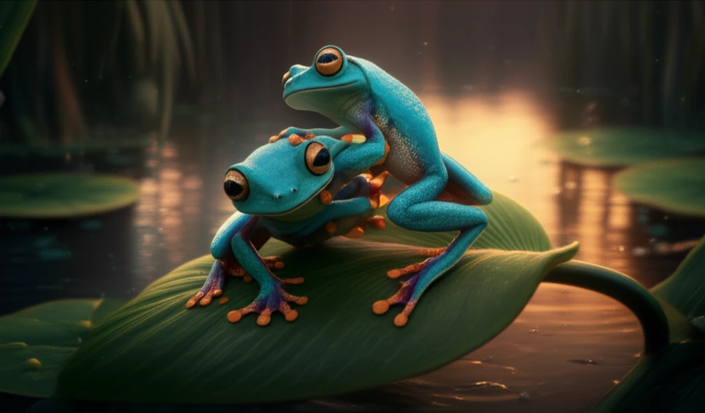 Two Azure Leaf Frogs wrestling for territory on a leaf.
