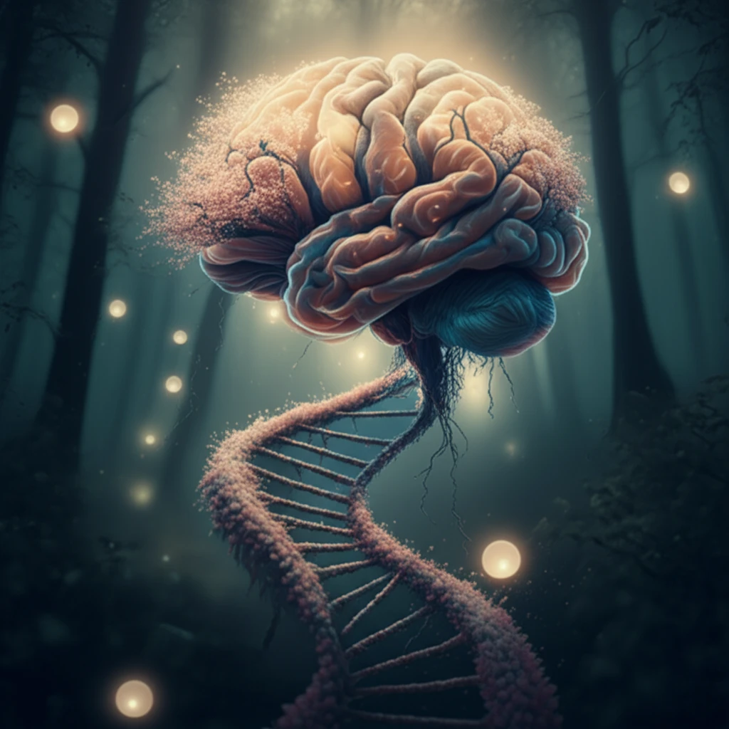 DNA staircase leading to a glowing brain.