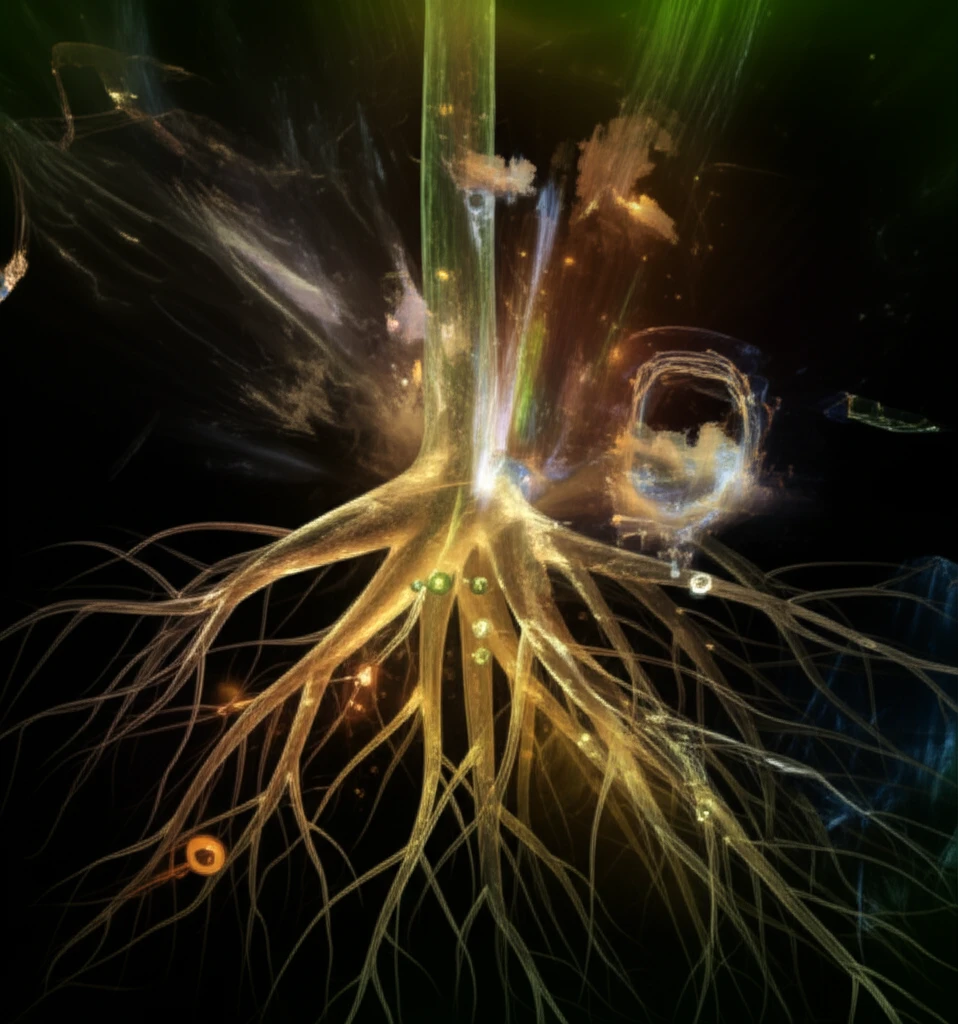 Abstract illustration of plant roots interacting with glowing molecules.
