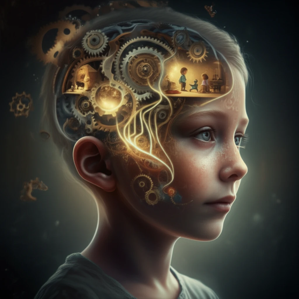 Child's mind with gears illustrating complex thought processes.