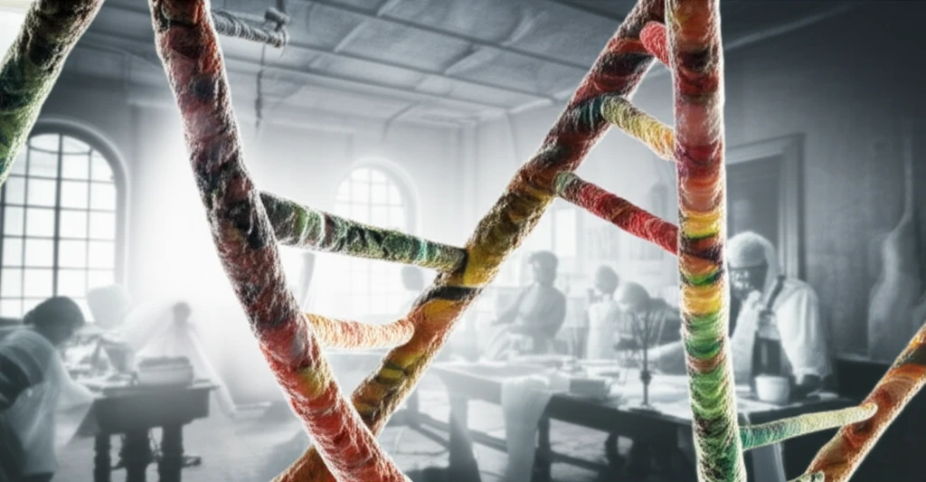 Intertwined DNA strands with ethnic patterns symbolizing genetics, race, and medical history.