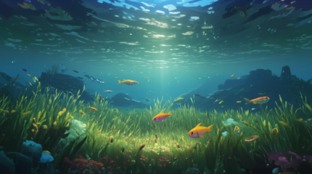 Vibrant seagrass bed teeming with juvenile fish.