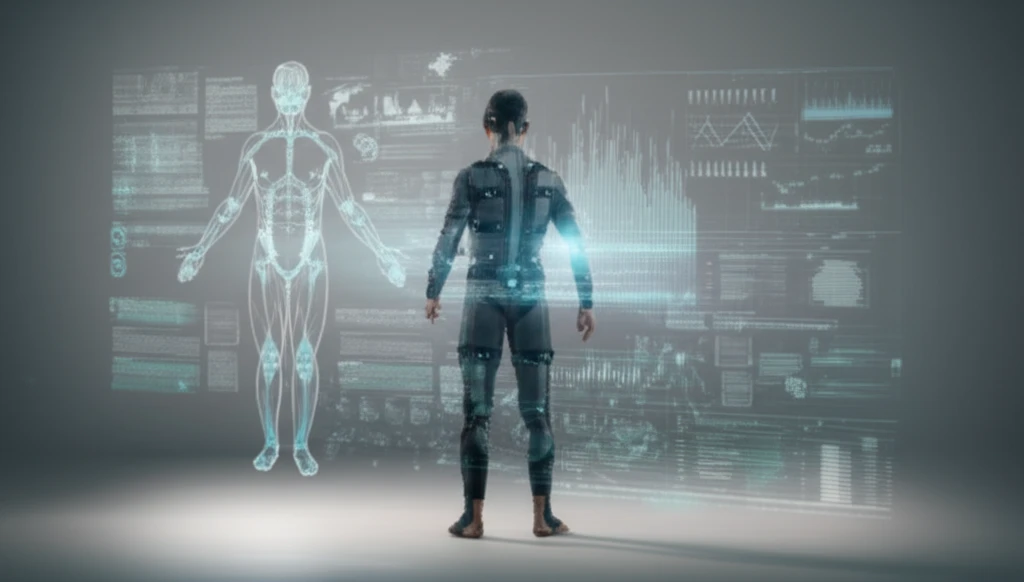 A person wearing a motion capture suit surrounded by data visualizations.