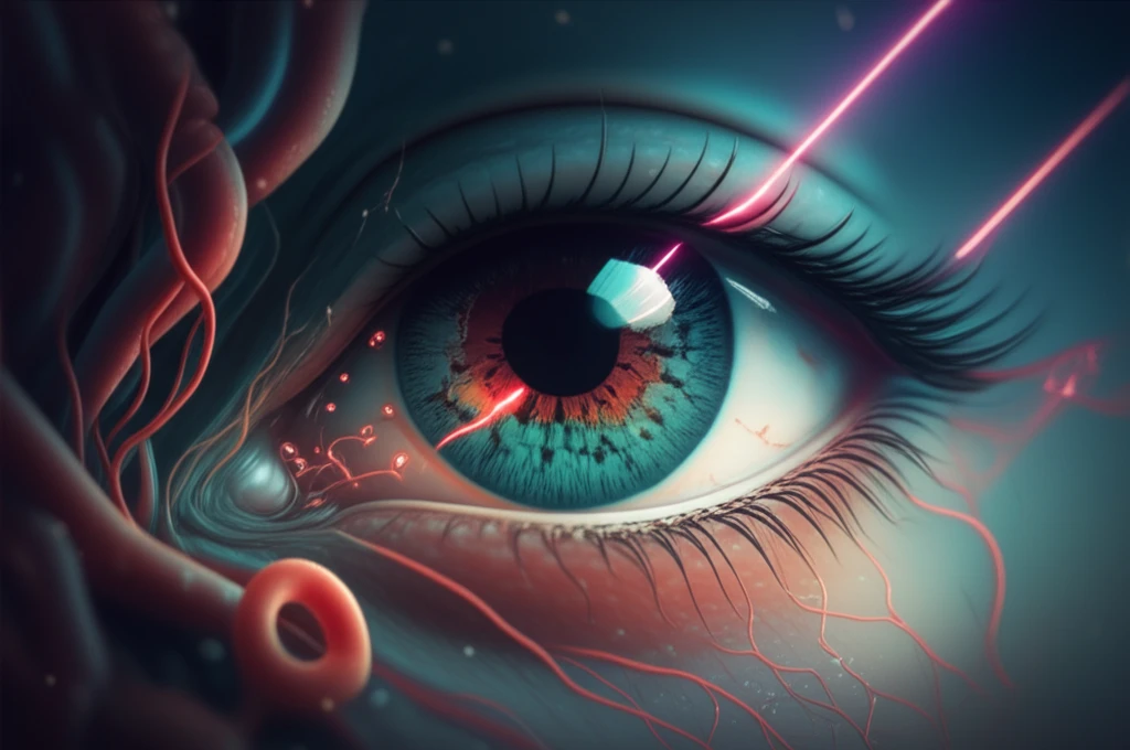 Illustration of laser acupuncture treatment for glaucoma, showing light beams and eye