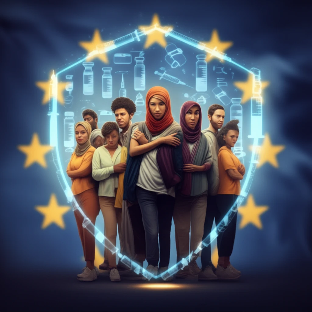 A diverse group of migrants protected by a vaccine shield, symbolizing vaccine equity in the EU.