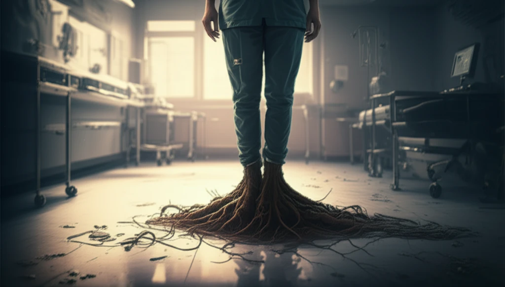 Nurse with roots, symbolizing commitment in a supportive hospital environment.