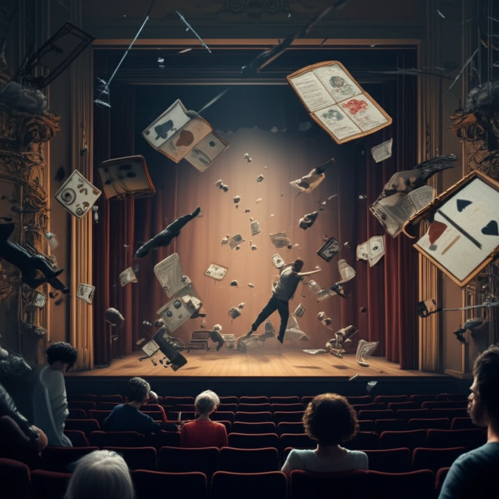 Surreal illustration of theatre audience displaced and floating.