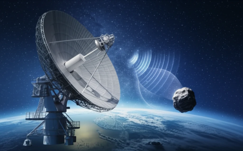 Radio telescope tracking asteroid with radar waves.