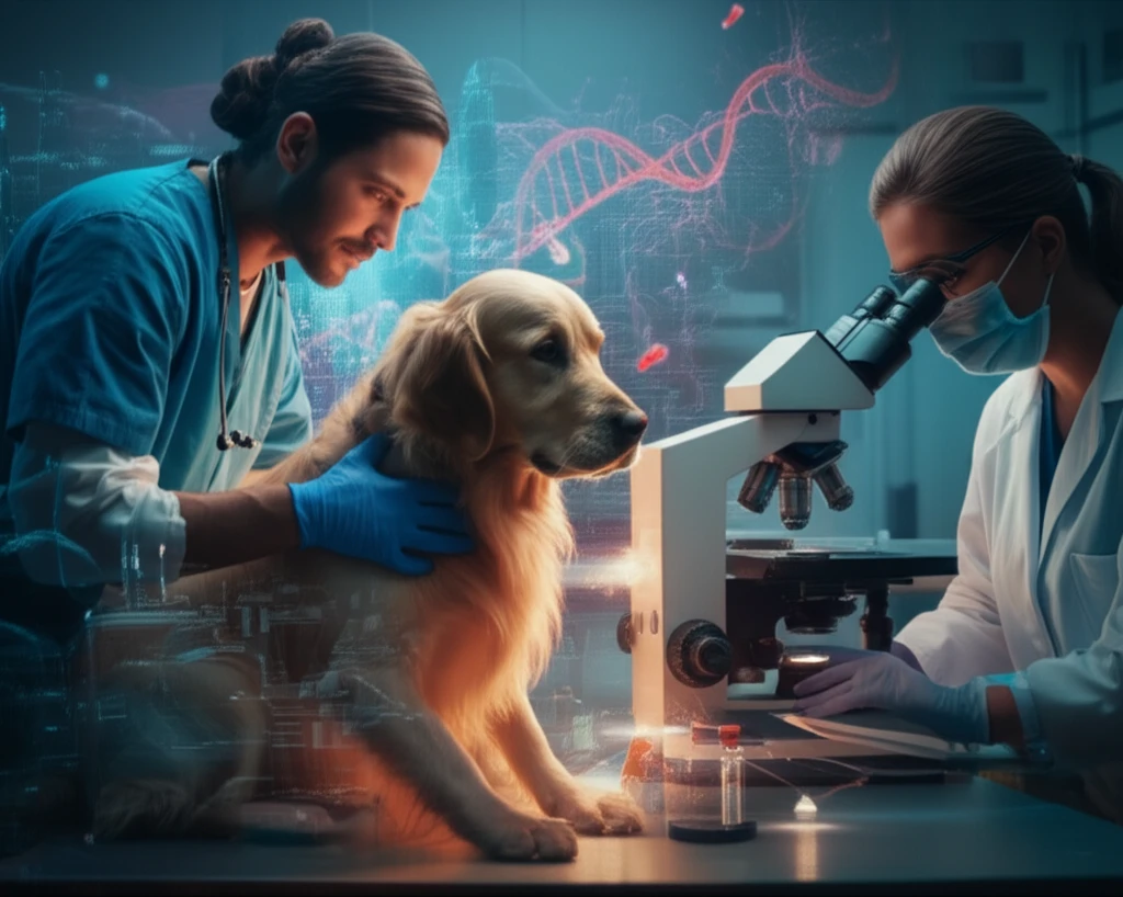 Veterinarian examining dog with researcher analyzing tumor sample
