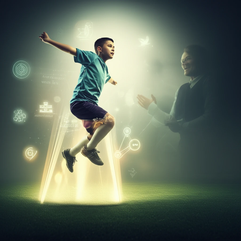 An athlete is lifted by beams of light from the coach.