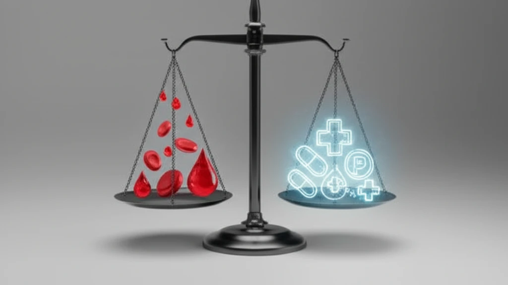 Balanced transfusion concept with blood droplets and medical symbols