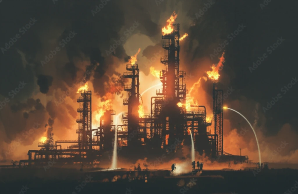 Chemical plant explosion with firefighters battling the blaze.