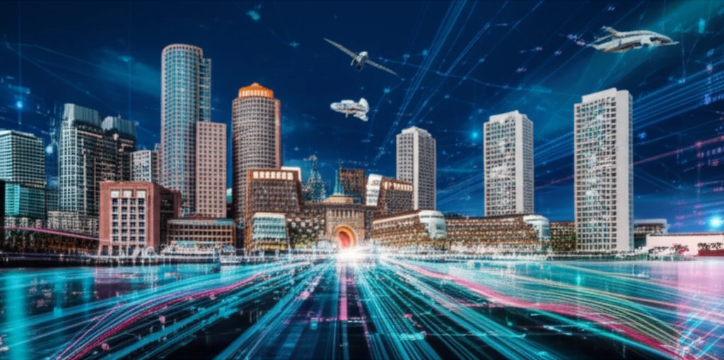 Futuristic Boston cityscape symbolizing the integration of nanoscience and technology.
