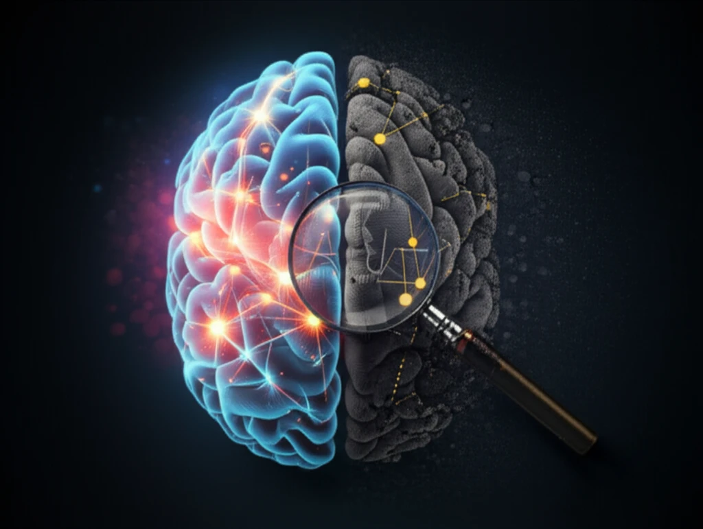 Digital illustration of a brain split in half, one side showing healthy neural networks and the other showing signs of Alzheimer's.