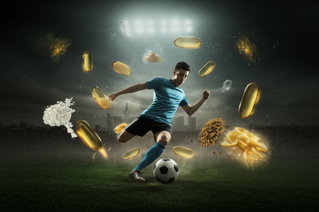 Soccer player surrounded by supplements for muscle recovery