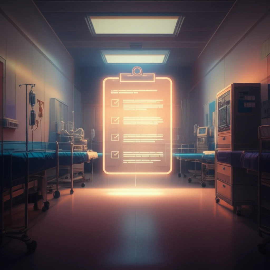Digital illustration of a glowing checklist in a hospital emergency room, symbolizing improved patient safety.