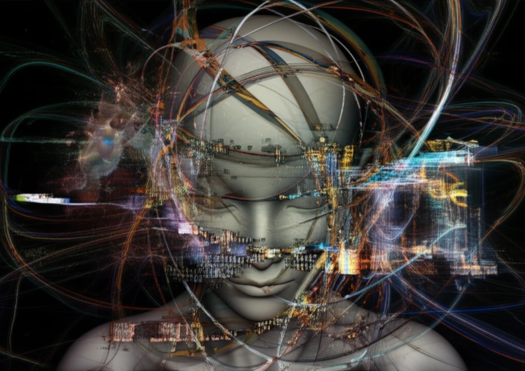 Distorted face made of tangled data streams, representing inaccurate health data.