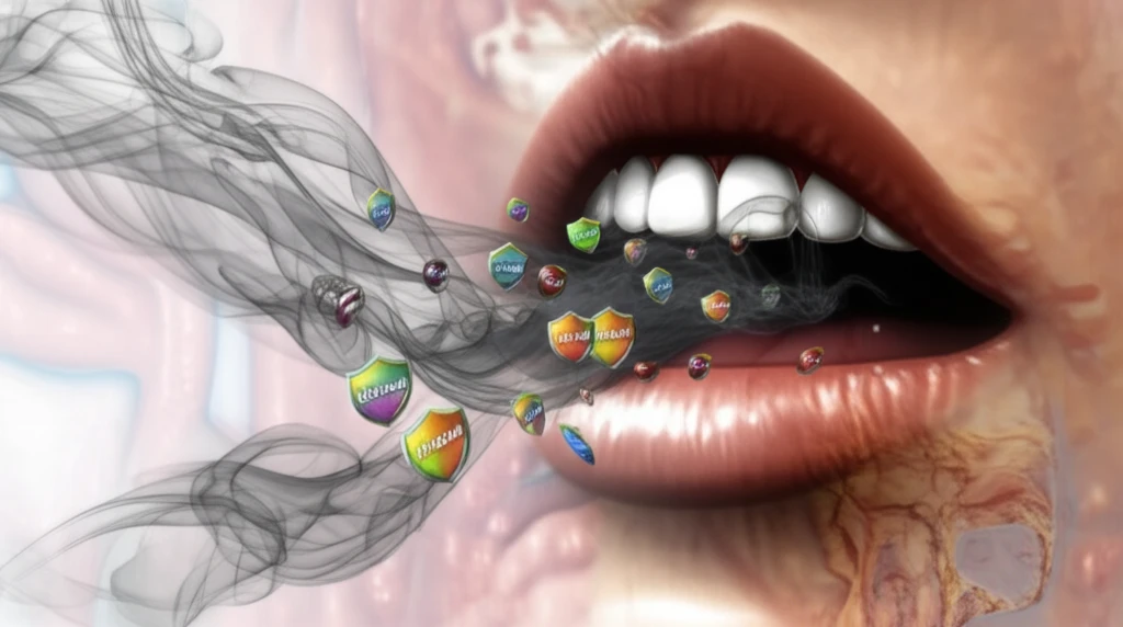 Illustration of nicotine and cotinine attacking a mouth, with antioxidants defending.