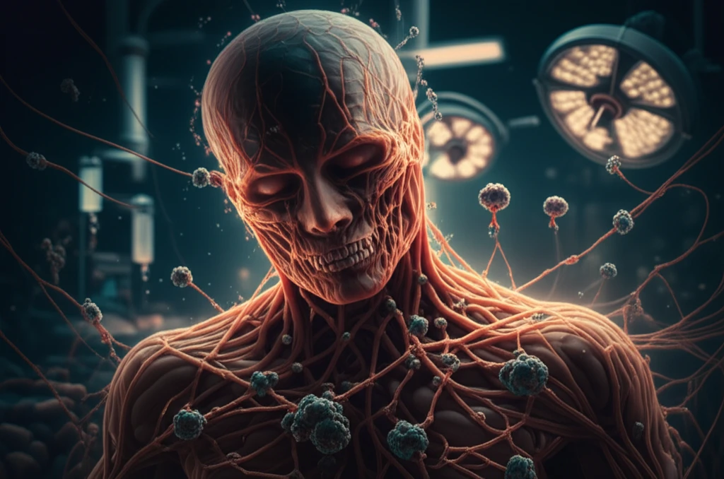Complex network of blood clots with central thrombin figure.