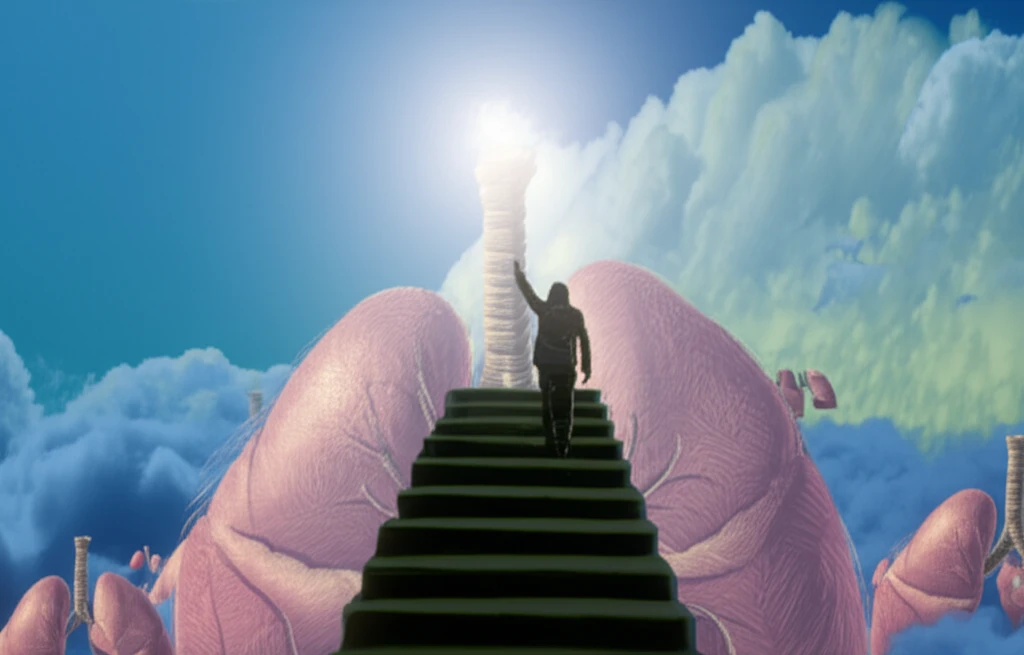 Person climbing a staircase of lungs towards a bright sky, symbolizing improved breathing through pulmonary rehabilitation.