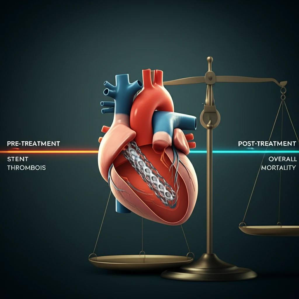 Heart with stent intersected by a timeline, balancing stent thrombosis and mortality.