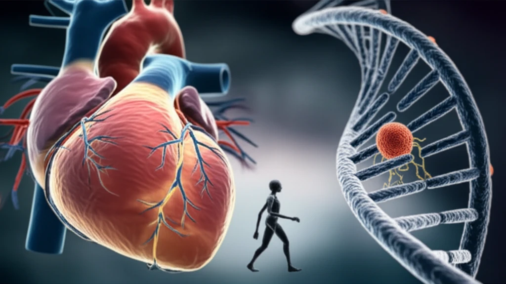 Calmodulin protein figure walking away from a heart cell, symbolizing stress-induced relocation.