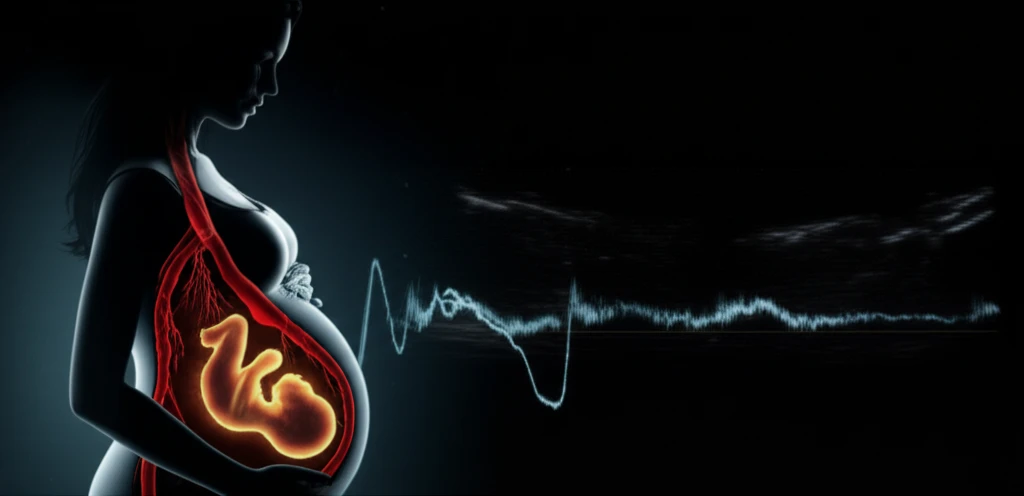 Illustration of a pregnant woman with a fetus, highlighting blood flow and antenatal care.