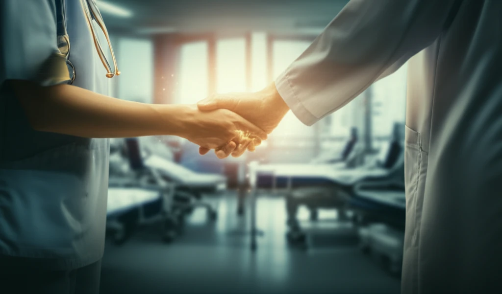 Nurse holding patient's hand, symbolizing compassion and connection.