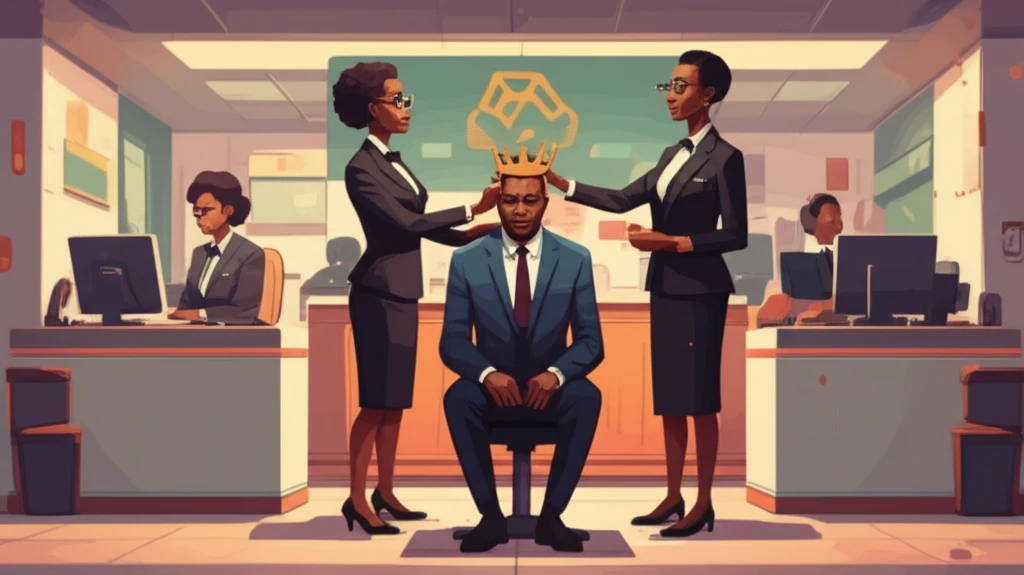 A customer being crowned inside a Ghanaian bank, symbolizing excellent customer service.