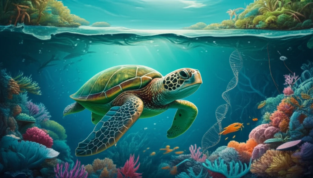 Green sea turtle swimming in a Brazilian estuary, highlighting genetic research and conservation.