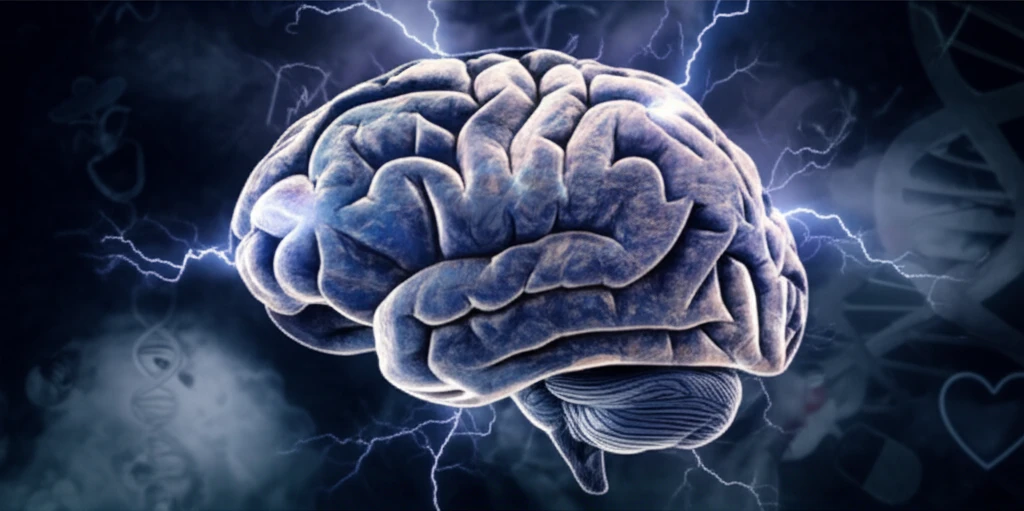 Surreal image representing status epilepticus with stormy brain and medical symbols