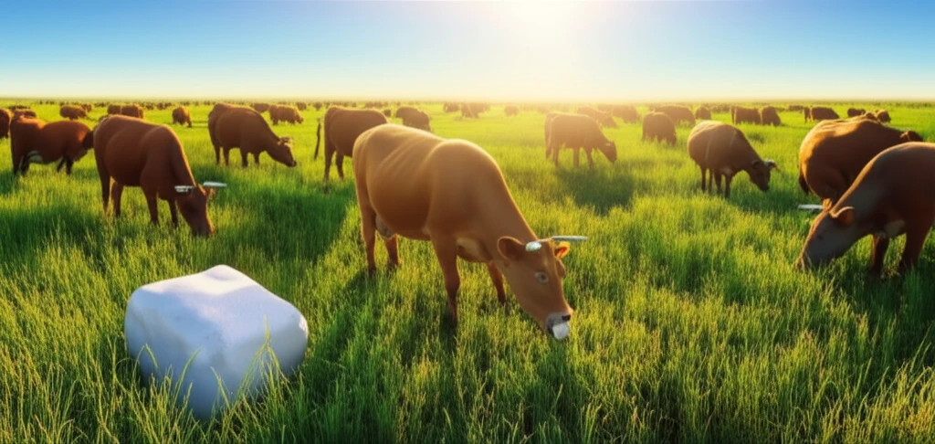 Beef heifers grazing in a lush green pasture with protein salt supplementation.