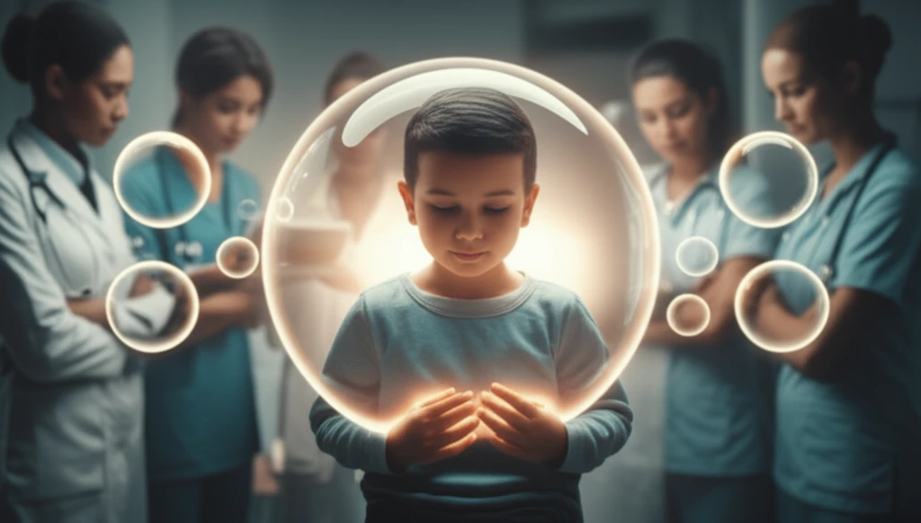 A child surrounded by protective orbs, symbolizing reduced radiation exposure in pediatric cancer treatment.