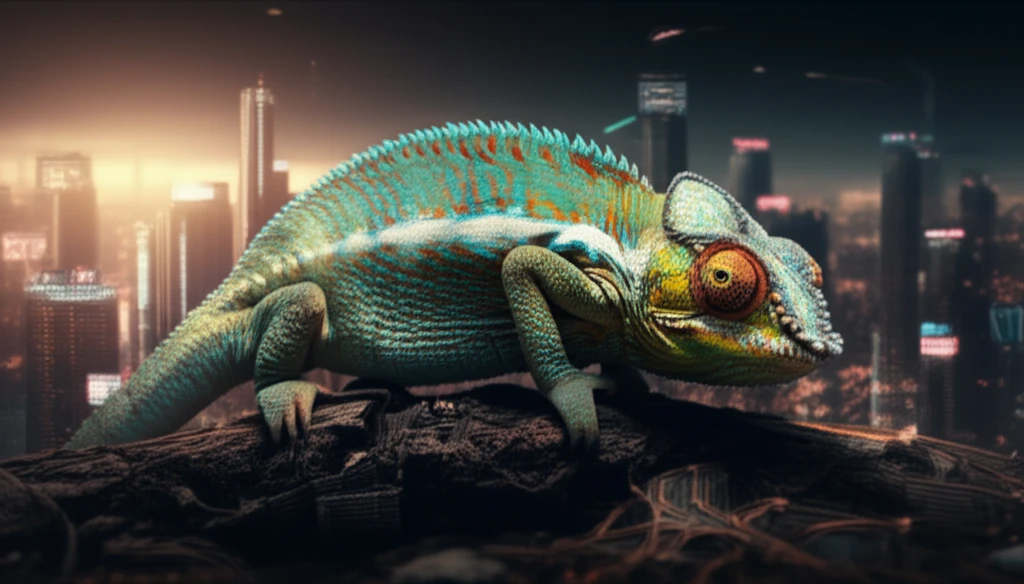 Chameleon blending into cityscape illustrating governance.