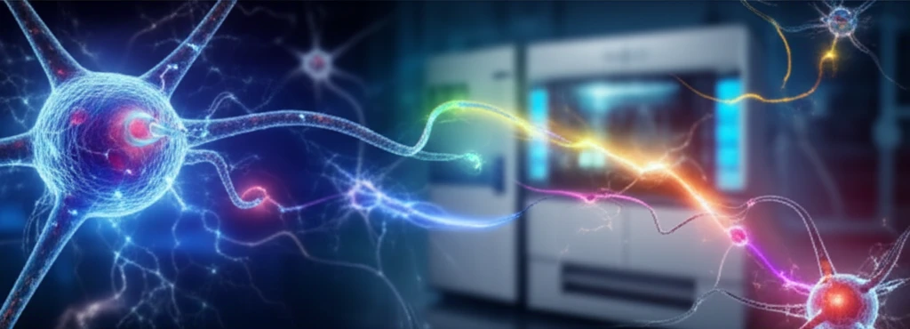 Interconnected neurons firing with chromatography machine in background.
