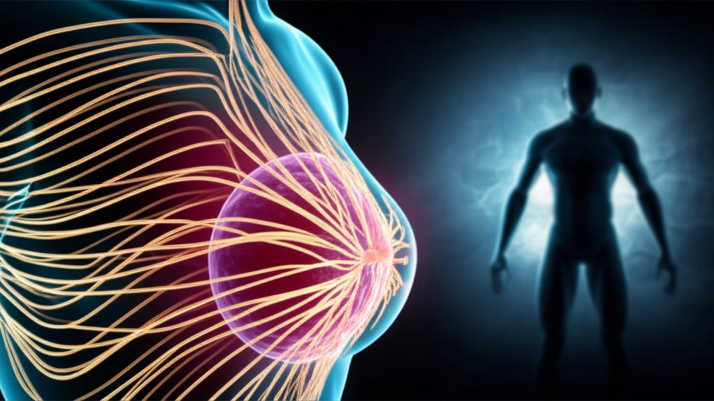 Illustration of Mucin 2 protein intertwined with a breast cancer cell, symbolizing its role in metastasis.