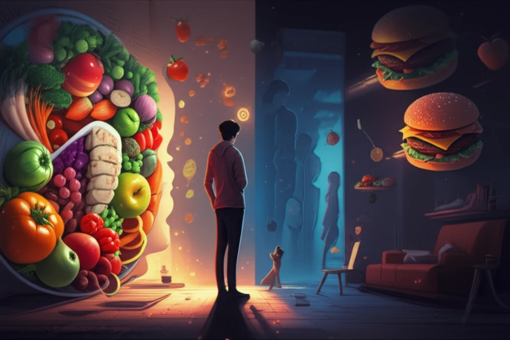 Mindful eating concept: A person choosing between healthy and unhealthy food options.