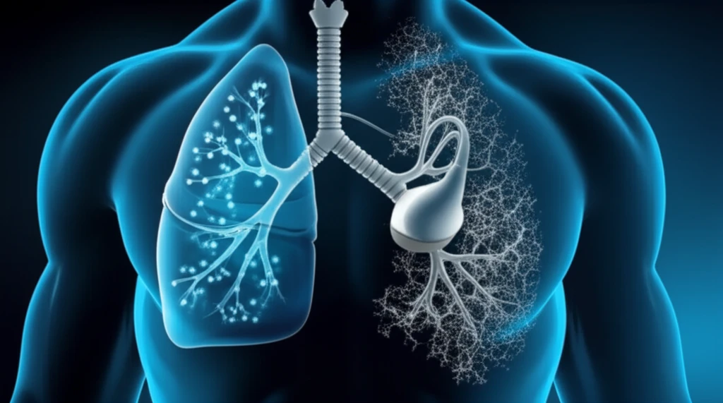 Illustration of a lung with healthy and diseased tissue, showing ultrasound waves.
