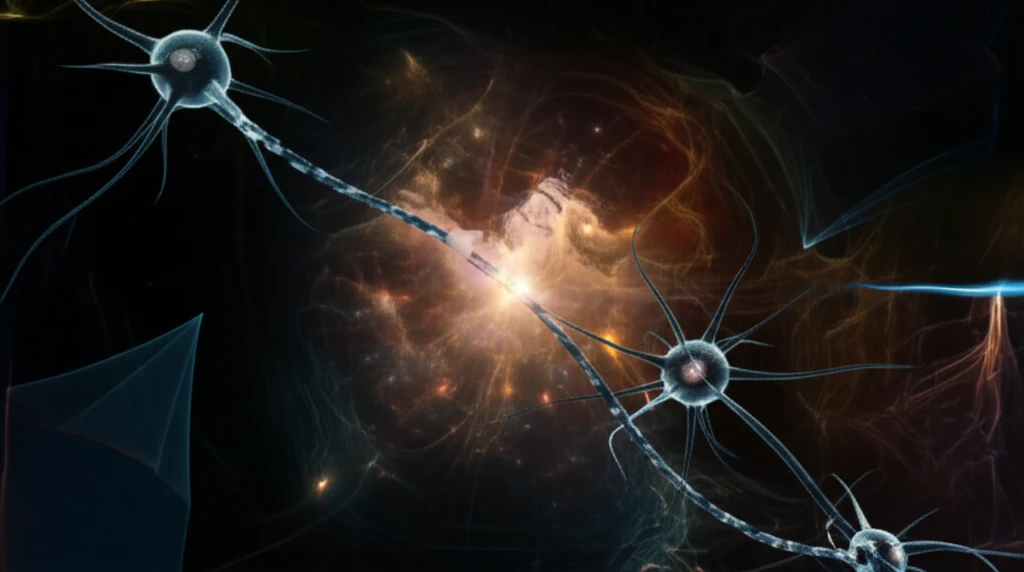 Surreal illustration of a glowing neuron with cosmic background.