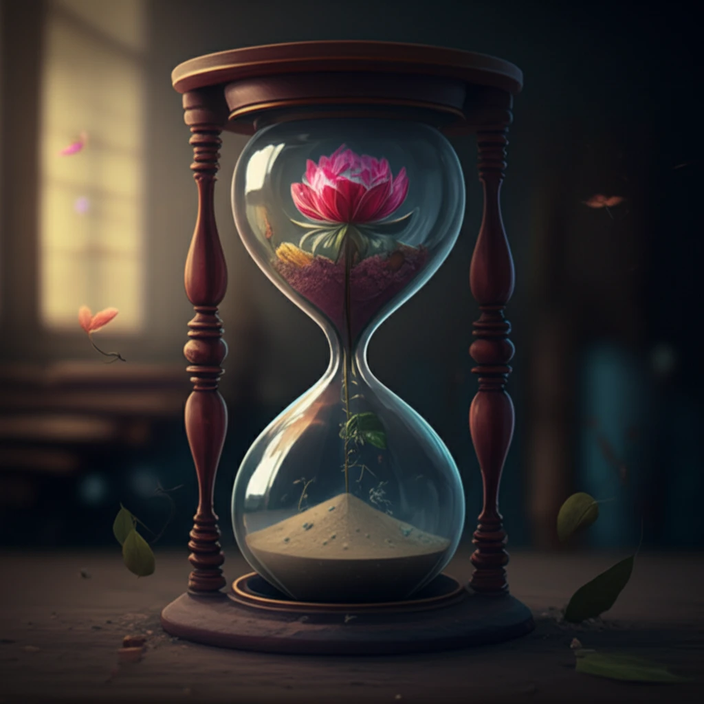 Blooming flower growing from an hourglass, representing delayed motherhood.