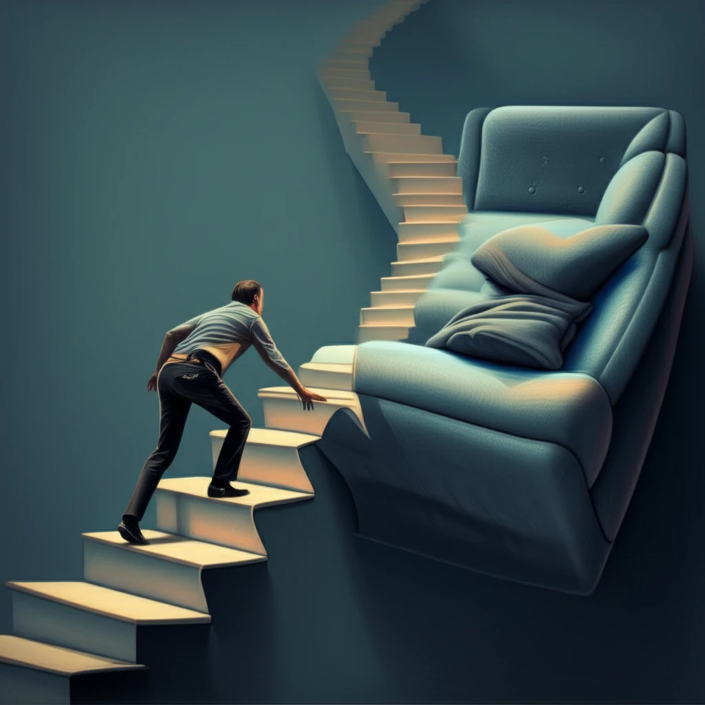 Illustration of a person climbing stairs that transform into a couch.