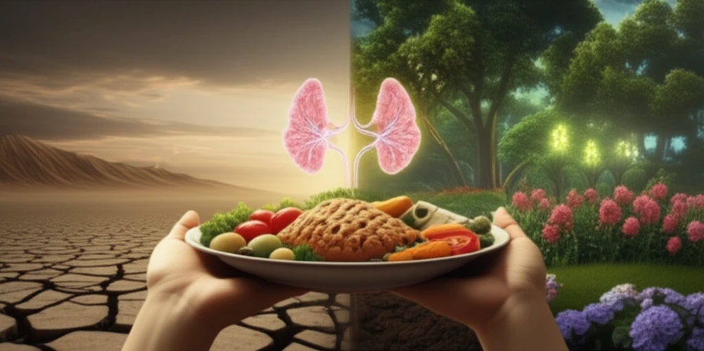 Surreal illustration of a landscape transforming from barren to lush as nutrition reverses malnutrition's effects on salivary glands.