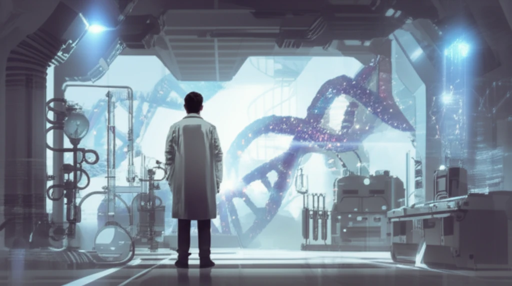 A physician-scientist in a futuristic laboratory, symbolizing the connection between research and patient care.