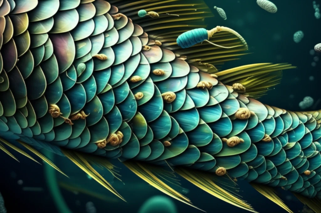 Microscopic parasites intertwining with fish scales, representing the threat to fish health in aquaculture.