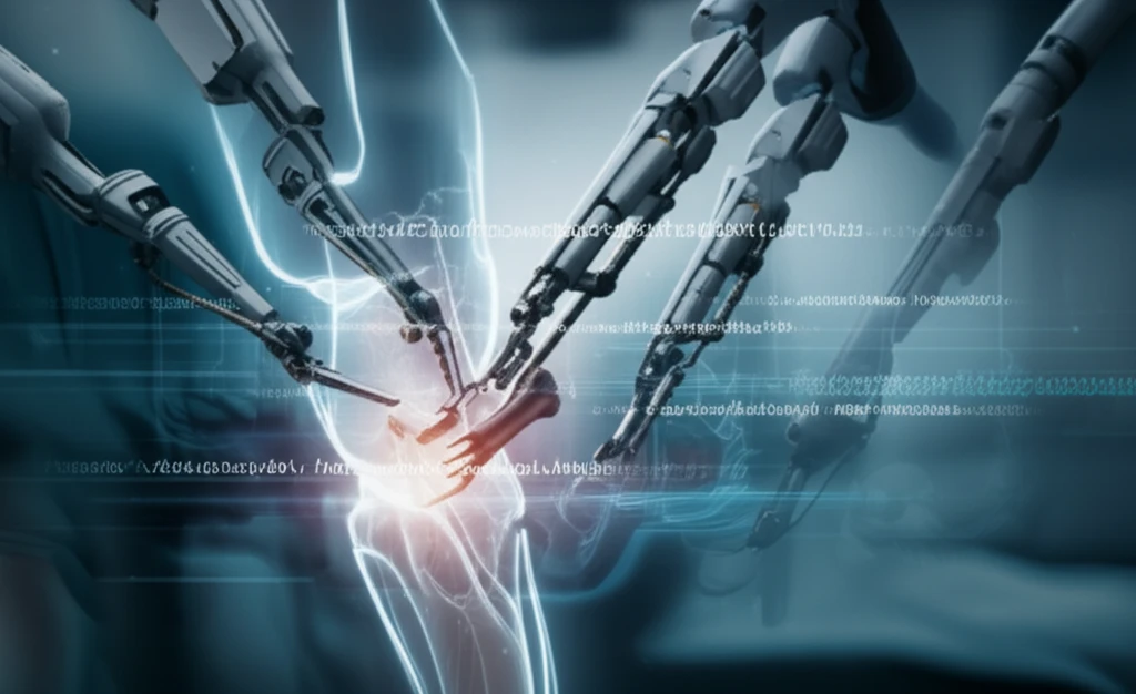 Surgical robot precisely repairing a fractured bone joint.
