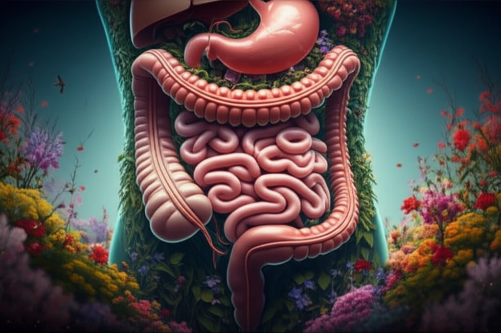 Illustration of a healthy digestive system represented as a blooming garden.