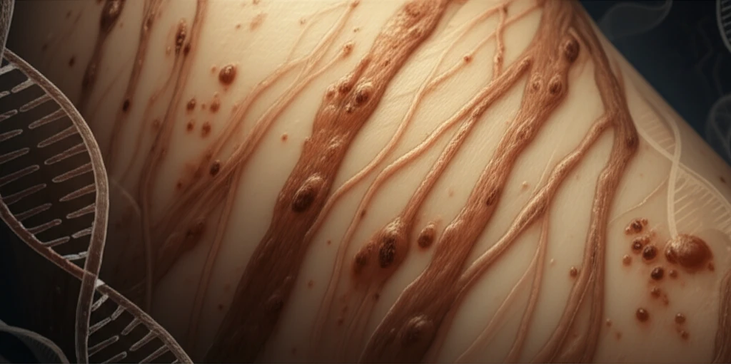 Surreal illustration of skin moles following Blaschko lines with DNA strands, representing genetic origins of epidermal nevi.