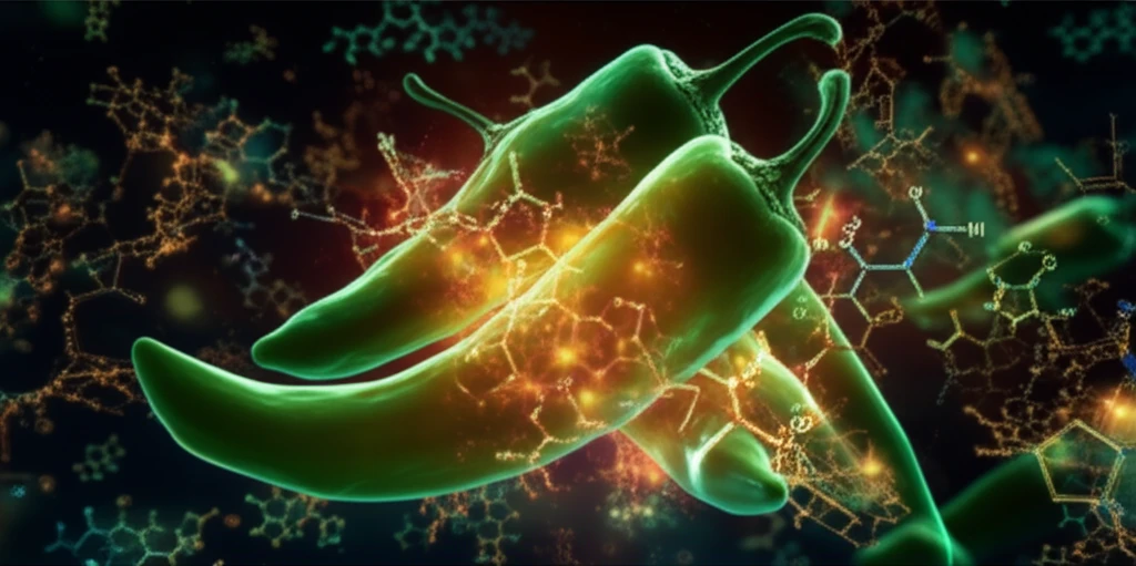 Surreal illustration of Serrano peppers with glowing chemical structures, representing metabolomics.
