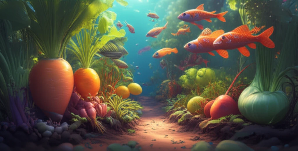 Fish swimming through vegetable gardens, representing sustainable fish feed.