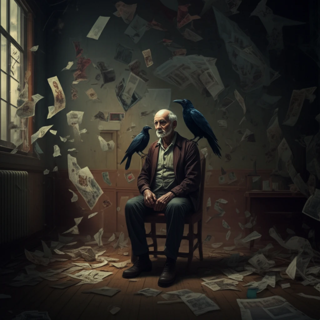 Elderly man with crow on shoulder, representing dementia and unresolved trauma.